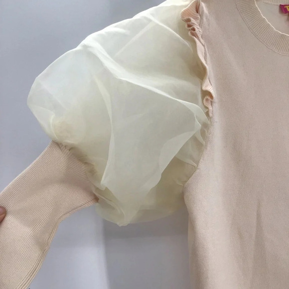 T H M L Women’s Sheer Puff Sleeve Sweater Top Creme NWOT Size Small - Picture 5 of 8